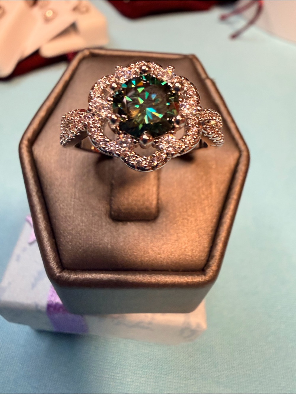 Green Moissanite Halo Flower Ring - Picture 3 of 5